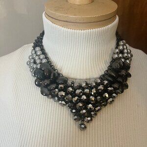 Black and Gunmetal Beaded Bib Necklace / Bold Chunky Glam